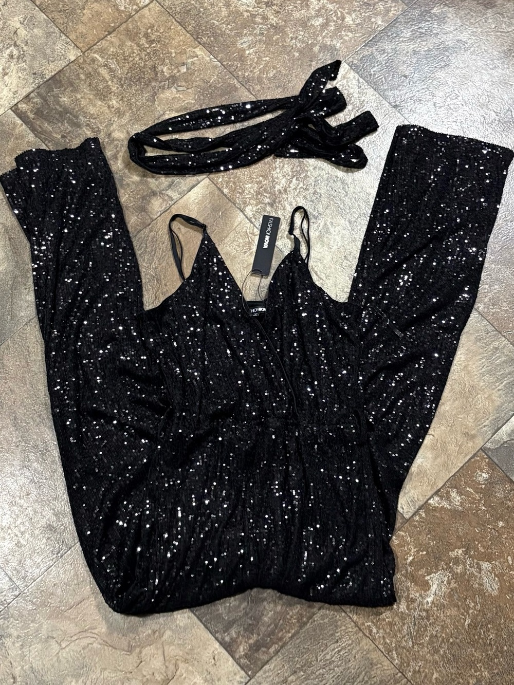 Fashion Nova Black Sequin Jumpsuit with Belt